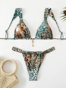 Elavelle 女士性感豹纹斑马纹比基尼泳衣套装，夏季海滩 - 彩色 - 查看 2