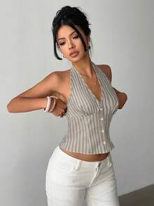 Aloruh Women Cotton Striped Stand Collar Single-Breasted Top Thin Blazer In Fall/Winter - White - View 9