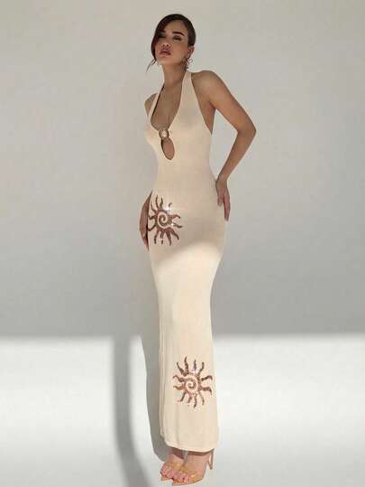 Aloruh 春夏新款婚礼季连衣裙，优雅性感度假风露背镂空金属装饰收腰修身太阳图案紧身毛衣连衣裙