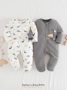 Cozy Pixies 新生儿男女宝宝卡通恐龙图案针织柔软圆领长袖连体衣和裤子两件套 - 彩色 - 查看 4