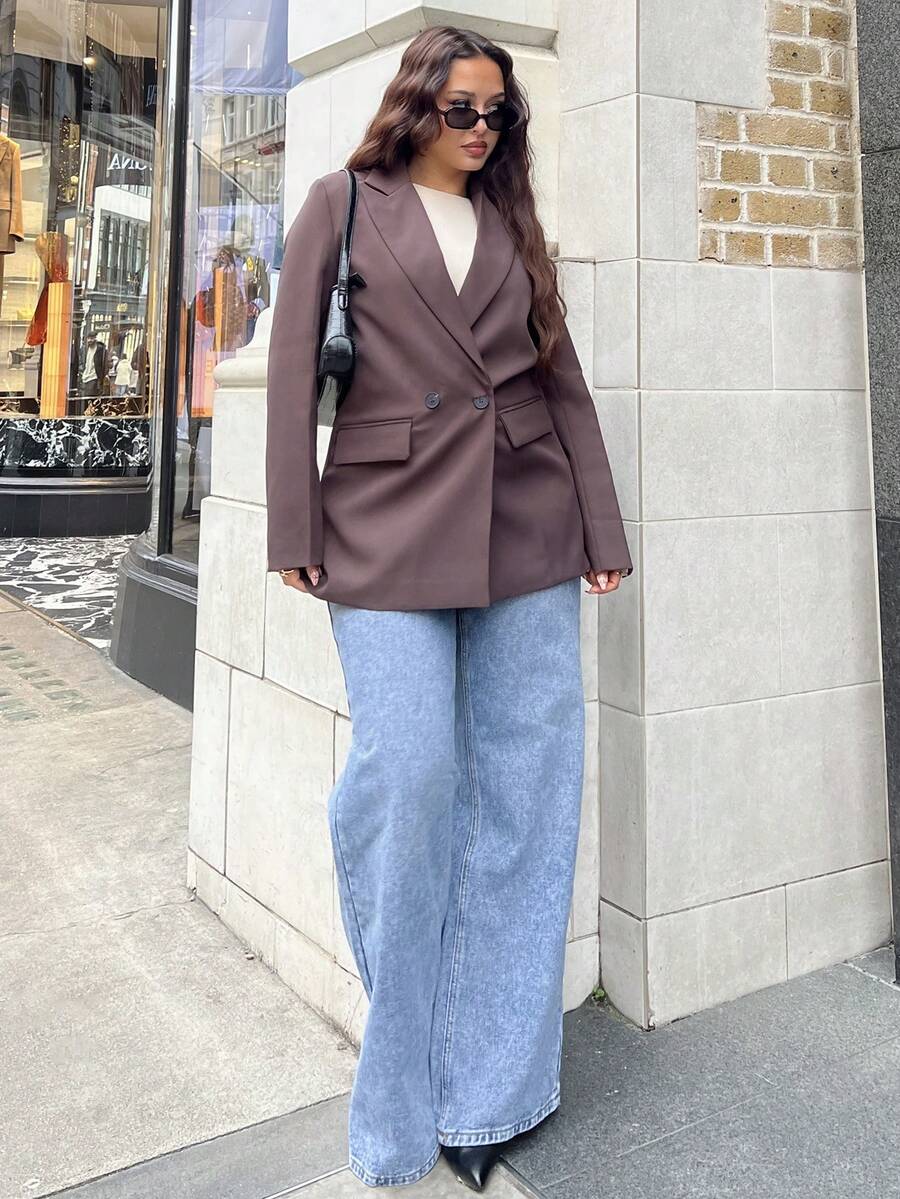 NegzBox Áo khoác Blazer nữ màu trơn hai hàng khuy phong cách công sở, đi làm, mùa thu - Cà phê nâu - Xem 1
