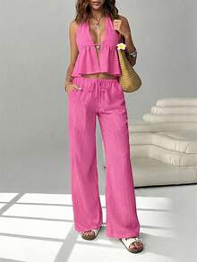 SHEIN EZwear 女士性感露背系带吊带背心和阔腿裤套装，夏季海滩度假风 - 玫紅色 - 查看 7