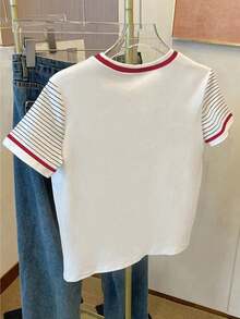 Resyla 女士休闲字母印花条纹T恤，夏季女装 - 粉色 - 查看 2