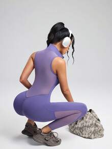 Innovista 网眼拼接修身半拉链无袖连体裤 - 藍色 - 查看 1