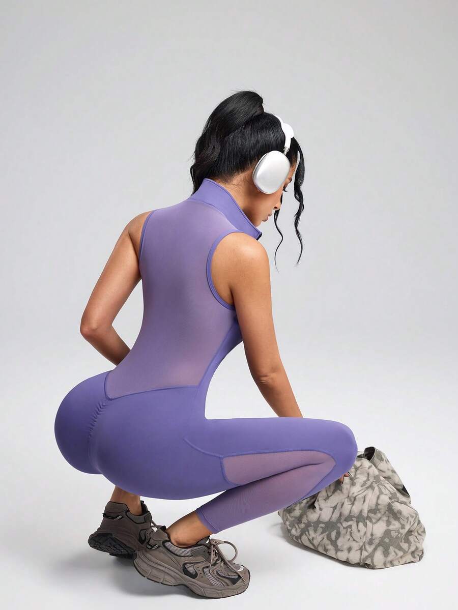 Innovista 网眼拼接修身半拉链无袖连体裤 - 藍色 - 查看 1