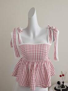 Elamini 女士甜美可爱乡村度假格子印花蕾丝边系带露肩娃娃衫，夏季 - 粉色 - 查看 5