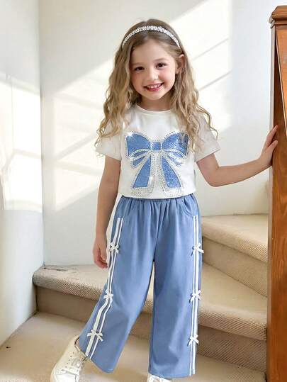 Genkimix Kids 2pcs/Set Toddler Girls' Summer Korean Style Round Neck Short Sleeve T-Shirt With Bow Print & Rhinestone Design, Casual Straight Leg Pants With Bowknot Decor, Versatile Sporty Chic Outfit Girls Clothes Sets Pants Shirt Girls Pants And Top Girls Sporty Summer Sets