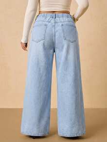 SHEIN Tall CURVE Plus Size Women High Waist Pleated Pocket Wide Leg Loose Casual Jeans - Light Wash - View 2