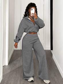 BamGleam Bộ 2 món áo và quần trơn màu thường ngày dành cho nữ, Thu/Đông - Màu xám đen - Xem 7