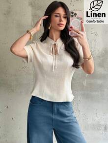 Firerie 女士优雅简约日常休闲通勤度假沙滩衬衫，竹纤维纹理小立领短袖修身衬衫，春夏女士衬衫，女士夏季服装，女士夏季上衣 - 杏色 - 查看 7