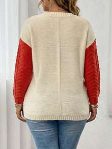 SHEIN LUNE Plus Size Colorblock Crew Neck Long Sleeve Pocket Casual Knit Sweater For Women,Beige,Autumn,Smart Casual,Festa Winter Knitwear Jumper Pullover - Multicolor - View 2