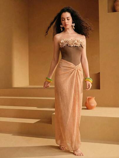 Swim Oasis 2pcs Women's Swimsuit Set, Champagne Color 3D Floral Decor Bandeau One-Piece Swimsuit With Long Tie-Up Maxi Skirt, Vintage Style Suitable For Parties, Beach Vacations, Daily Dates, Fashionable Ladies One Piece Swimsuit Swimwear