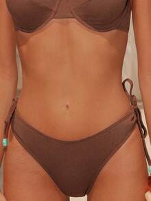 Swim Chiccia Women Solid Side Tie Beaded Waist Bikini Bottom - Coffee Brown - View 5
