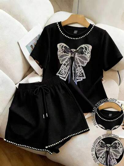 Resyla Women's Pearl Decor Round Neck Short Sleeve Bow Print T-Shirt And Drawstring Waist Shorts Casual 2-Piece Set