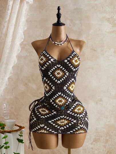 Bellisia 女士钩针侧系带露背罩衫连衣裙，度假款