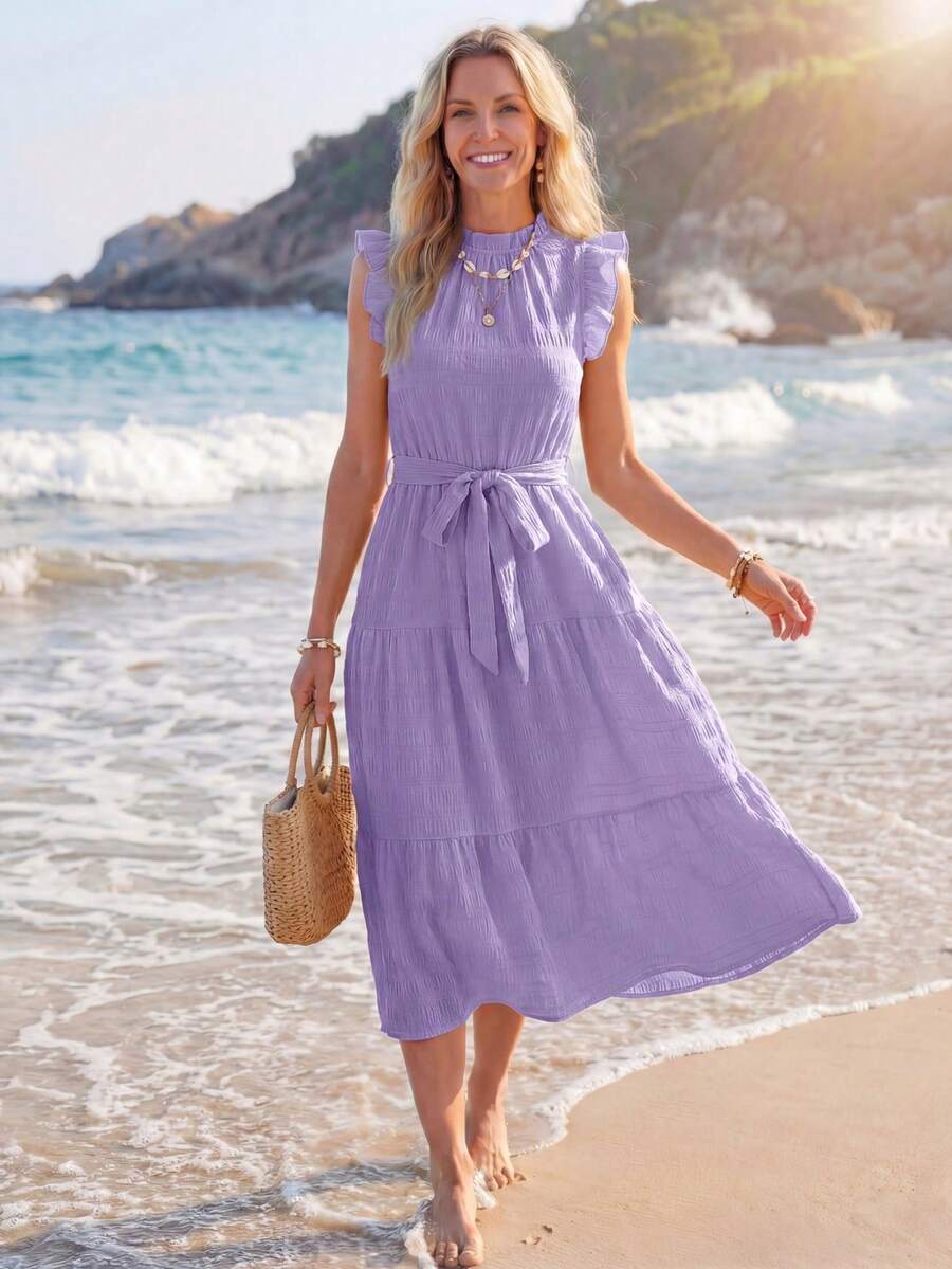 Sylviya 女式單色紋理荷葉領連衣裙,泡泡袖配腰帶