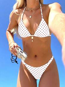 Swim Mod Bộ bikini nữ mùa hè mới, thời trang đi nghỉ mát bên bờ biển, ngọt ngào, dễ thương, họa tiết chấm bi tương phản, hai mặt, kiểu buộc dây cổ sau lưng, gợi cảm. - Đỏ và trắng - Xem 2