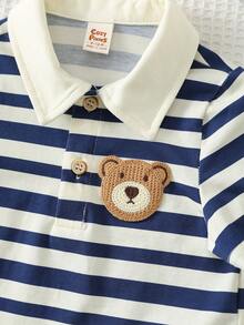 Cozy Pixies 2件套男婴卡通熊条纹polo领短袖半拉链套头卫衣和松紧腰裤套装