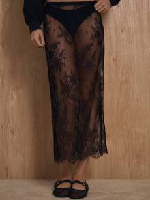 MUSERA Sheer Lace High Waisted Straight Fit Skirt Winter NewYear Cute Sexy Going Out Evening Party Accented Valentines Day Spring Summer Holiday - Black - View 2