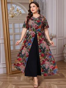 Reflora Damen Große Größen Blumenmuster V-Ausschnitt Rüschen Kurzarm Weites Bein Jumpsuit, Schwarz, Sommer, Elegant, Formal, Abend, Hochzeitsgast Bohemian Strand Outfits - Verschiedenfarbig - Übersicht 5