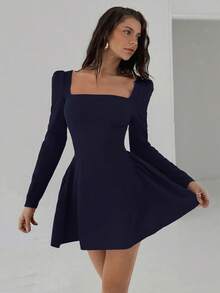 Aloruh 女士纯红色迷你A字褶边连衣裙，性感优雅修身长袖紧身鸡尾酒裙，适合圣诞节、约会之夜穿着 - 藏蓝色 - 查看 3