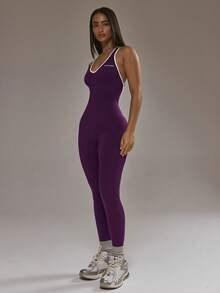 Musera Sport Contrast Trim Plunge Fitted Jumpsuit Padel Winter Activewear Sport Gym Workout Summer - Purple - View 3