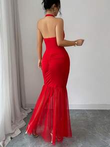 Elenzga Đầm không tay dáng đuôi cá, dây mảnh, hở lưng, kiểu dáng thanh lịch, gợi cảm, thoải mái, phối lưới nhiều lớp dành cho nữ, thích hợp cho mùa xuân/hè. - Đỏ - Xem 2