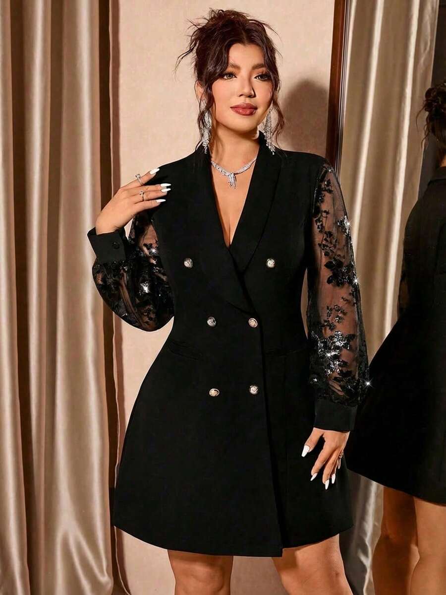 Cravure Đầm dài tay ôm eo, cổ chữ V, hai hàng cúc, dáng thanh lịch, cỡ lớn, đính sequin, có túi. - màu đen - Xem 1