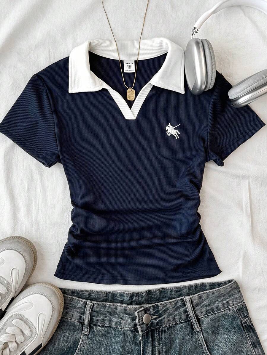 SHEIN 少女款海军蓝白领针织休闲撞色修身短款上衣，带小Logo刺绣 - 寶藍色 - 查看 1