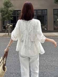 FRIFUL Women's Solid Color Pleated Ruffle Hem Loose Casual Versatile Short Sleeve Blouse, Summer/Spring - Beige - View 2