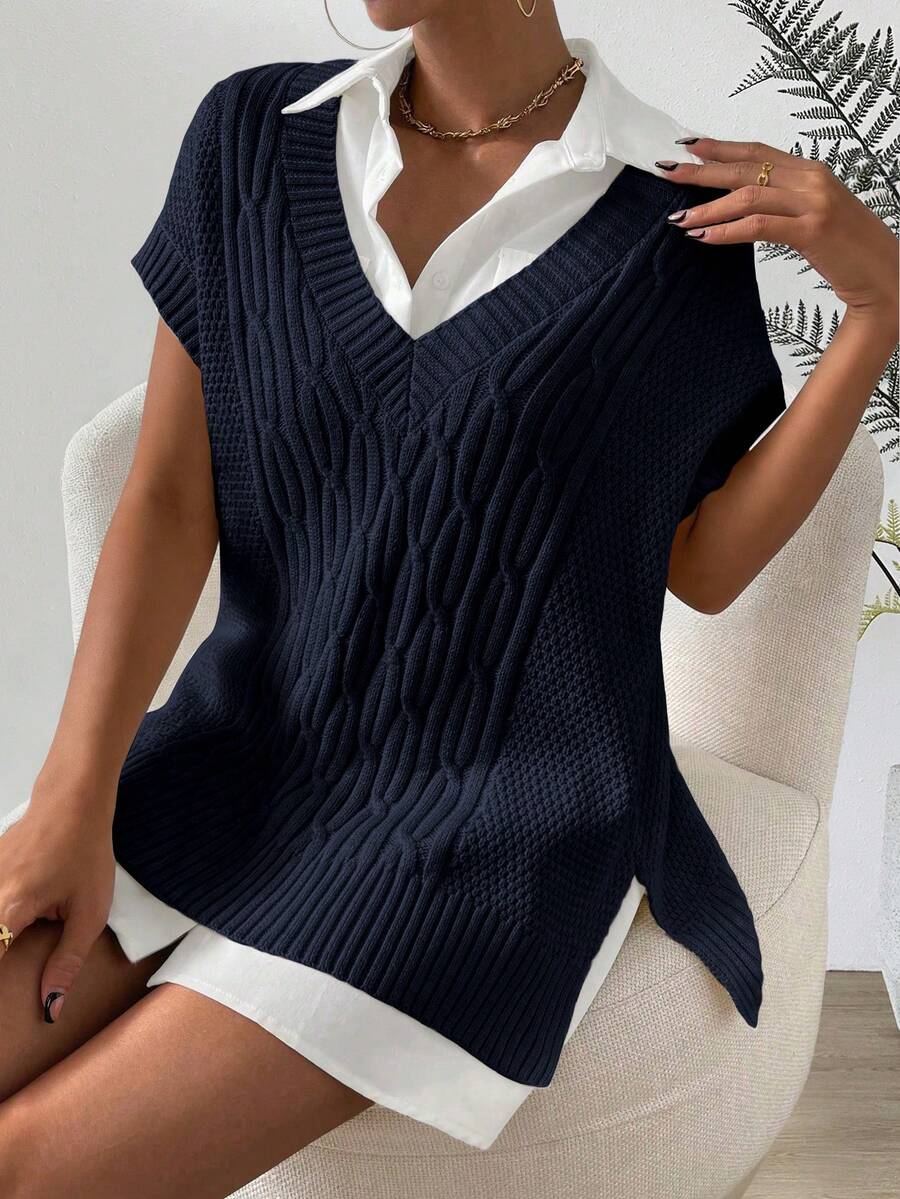 Chiquease Women's Casual V-Neck Loose Knit Vest - Navy Blue - View 1