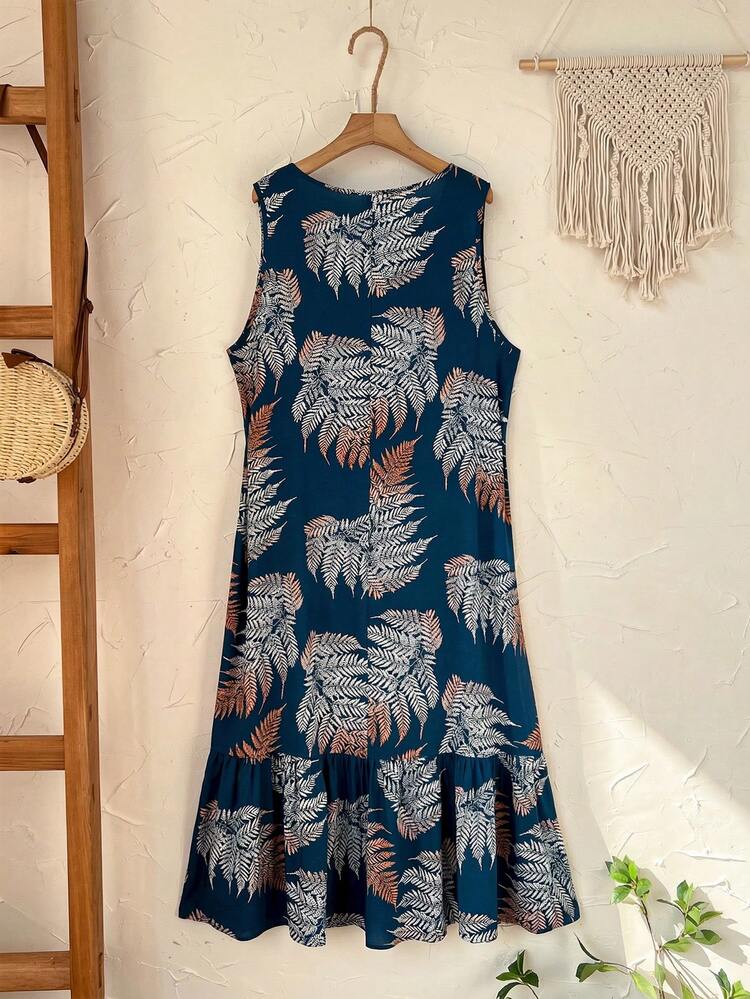 Plus Size Women's Summer Casual Vacation Country Vacation Sleeveless  Floral Print Tropical Leaf Print Dress, Summer Holiday,Spring Break Outfits ,Vacation Outfits Women ,Holiday Outfits For Women,Spring Dress Women,Going Out Outfits,2026 New Clothes,Simple And Fashionable For Everyday Wear,Casual Vacation Boho Dress,Dresses For Women,Flowy Dress,Holiday Outfits Boho, Summer Dresses