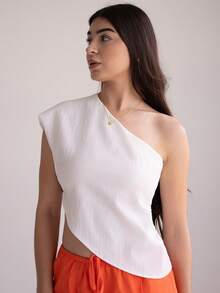 Andrea Bello Women's Simple Solid Color Textured Asymmetric Hem Blouse Summer Summer Outfits Summer Clothes Beach Outfits For Woman  Beach Vacation Vacation Outfits Woman Boho  Tropical Vacation Woman Clothe Tropical Vacation Woman Clothe Minimalana White Short Top Asymmetrical, Elegant, Simple, Slim, Versatile For Commuting Off The Shoulder Top - Apricot - View 5