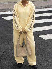 Muchica Bộ đồ nữ trơn màu gồm áo hoodie dài tay có khóa kéo và quần dài, kiểu dáng thường ngày. - Màu vàng ngỗng - Xem 3