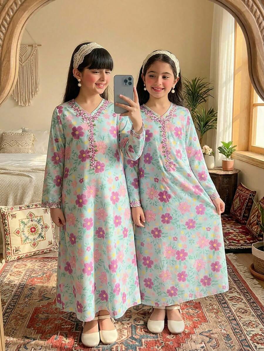 这款少女休闲百搭碎花长袖睡袍，适合外出、度假、假日穿着，也可作为长袍或罩袍穿着。面料柔软，廓形飘逸，碎花图案鲜艳夺目，适合日常、派对、周末穿着。 - 彩色 - 查看 1