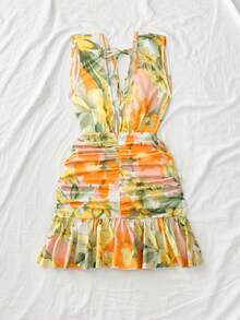 Roelina Deep V-Neck Floral Print Ruched Sleeveless Vacation Dress - Yellow - View 2