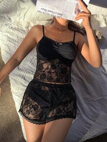 ZzzCrew 2件套蕾丝边吊带背心和短裤睡衣套装，性感显瘦