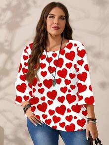 EMERY ROSE Plus Size Women Heart Print Casual Loose Fit 3/4 Sleeve Blouse, Suitable For Valentine's Day Spring - Multicolor - View 7