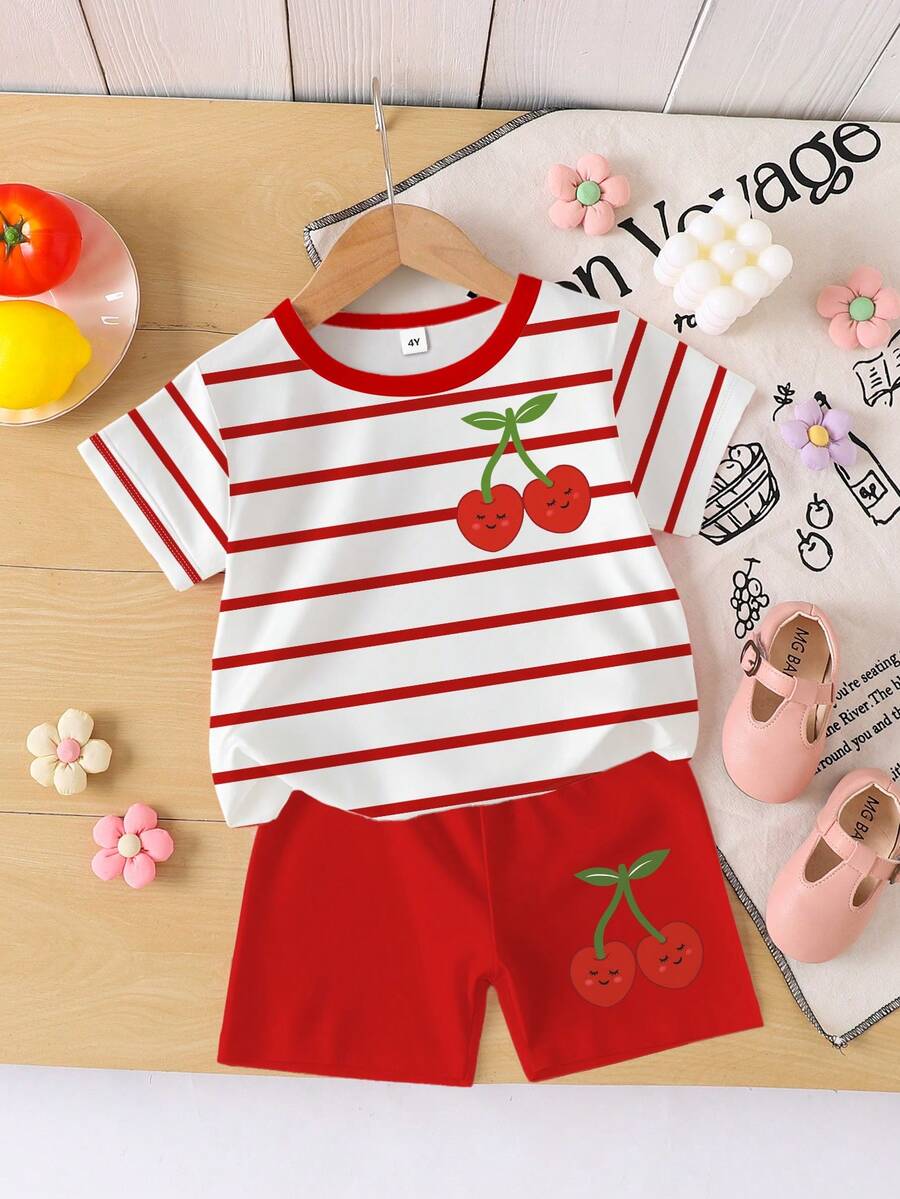 Bộ đồ 2 món cho bé gái, kiểu dáng tối giản dễ thương gồm áo thun ngắn tay in họa tiết sọc anh đào và quần short in hình anh đào đỏ, thích hợp mặc ngoài trời vào mùa hè. - Nhiều màu - Xem 1