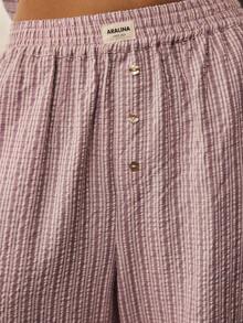 Aralina Sleepwear 2pcs Striped Collared Ruffle Neck Long Sleeve Balloon Sleeve Button Down Shirt And Wide Leg Long Pants Matching Set , Cute Cosy Christmas Pajamas - Dusty Pink - View 4