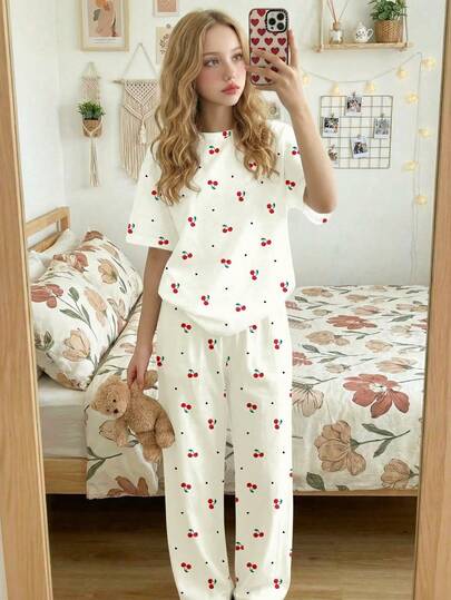 Sweet Mini Heart Cherry ❤ Cute Ins Style, Bm Sweet, 2026 New, Ballet Style, Tween Girl Casual Minimalist Crew Neck Short Sleeve Pants Pajamas Set, Suitable For Summer