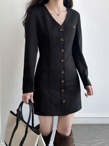 DAZY Women's Fashionable Solid Color V-Neck Single-Breasted Mid-Length Dress Sundress - Black - View 3
