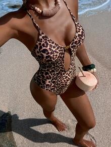 Opulessa Women's Leopard Print Hollow-Out Sexy Fashion One-Piece Swimsuit, Vacation,Summer,Summer Clothes,Summer Holiday Outfits,Valentine's Day,Carnival,Party,Beach,Elegant ,Vacation,Casual,Formal,Graphic,Flower,Red ,Pink,Sequin,Leopard - Multicolor - View 1