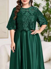 Reflora Vestido elegante de encaje de unicolor con cuello redondo y manga corta para tallas grandes - Verde - View 7