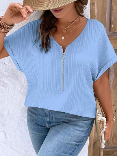 EMERY ROSE Plus Size Women's Solid Color Simple Daily Short Sleeve Shirt For New Year Clothes