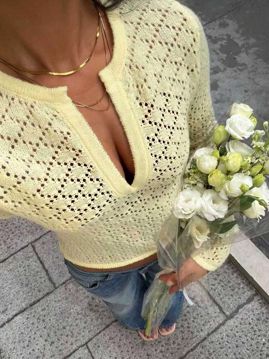 Sunnyshic Women's Casual Vacation Beach Versatile Perforated Knit Cover Up, Spring/Summer - Light Yellow - View 1