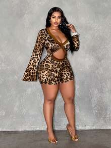 Slaydiva 2026 Spring, Summer, Autumn New V-Neck Long Sleeve Waist Cutout Splice Ruffle Collar Brown Leopard Print Bodysuit, Suitable For Halloween, Birthday Party, Daily Wear, Casual, Cruise Travel, Trending, Sexy Club, Plus Size Women
