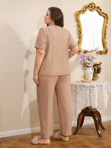 Côtesoire Conjunto de pijama de cárdigan de punto jacquard para mujer de talla grande - Marrón - Ver 2