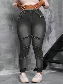 SHEIN SXY Plus Size Women Blue Denim High Waist Distressed Skinny Jeans - Dark Grey - View 3
