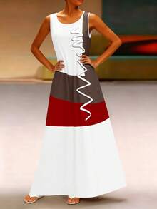EMERY ROSE Sleeveless Printed Color Block Dress For Women, Pocket-Free, Summer Maxi Women Outfit - White - View 4